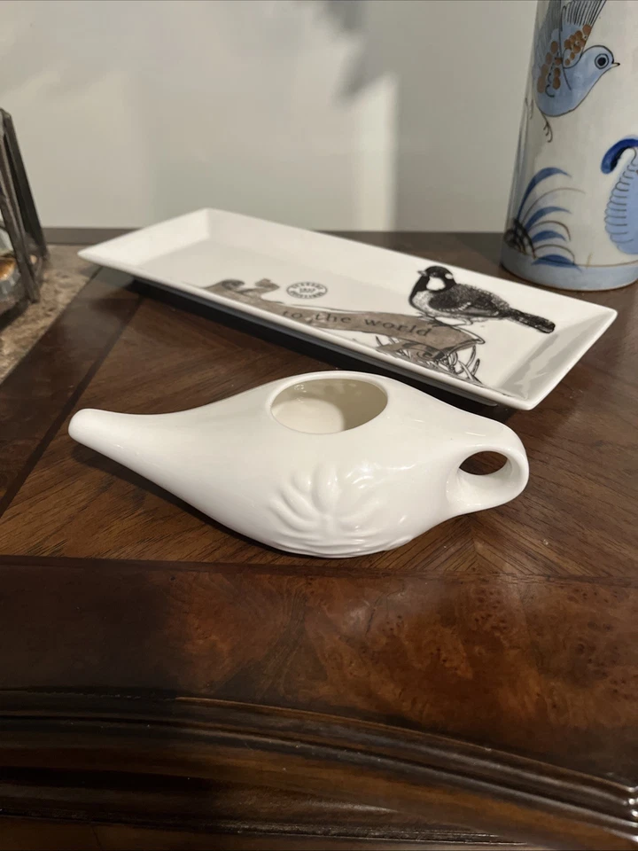 Olla Neti de cerámica blanca con diseño de loto y agua - Instituto del Himalaya - hallazgo de finca Foto 1 de 1