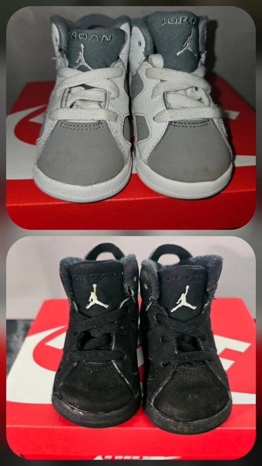 2 pares de zapatos retro Jordan para niños pequeños 6 talla 4c blanco/gris y negro/cromo/metálico Foto 1 de 4