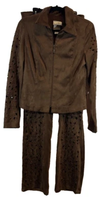Traje pantalón vintage Joseph Ribkoff 6 imitación marrón gamuza con recortes florales D46 Foto 1 de 4