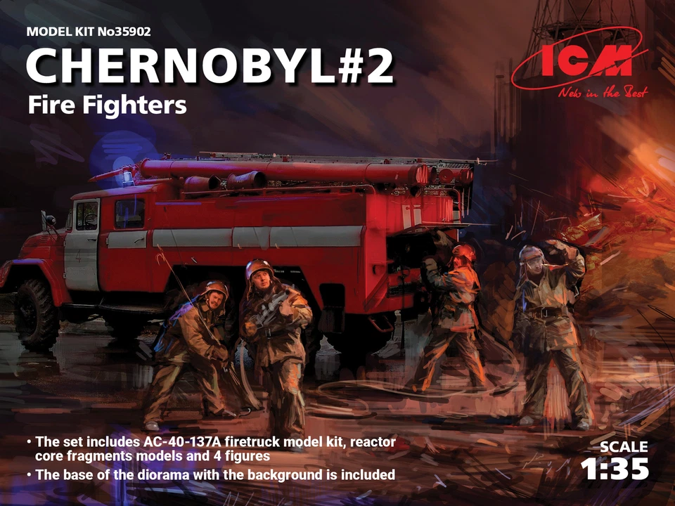 Chernobyl #2. Fire Fighters Firetruck + Figures + Diorama 1:35 Plastic Kit ICM - Immagine 1 di 1