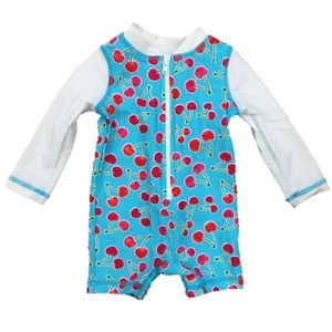 Infant Girls Long Sleeved Blue Cherry Print Rash Guard Baby Swimming Suit - Picture 1 of 1