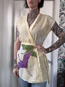 Vtg 60’s Pennys Hawaii Tie Open Blouse Wrap Crane Asian Inspired Tropical M