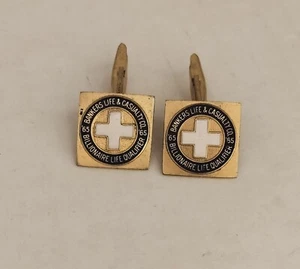 Vintage 1965 Banker's Life & Casualty Co. Kugelrücken Messing & Emaille Manschettenknöpfe - Bild 1 von 5