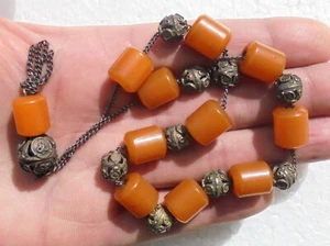 Rosario islamico Komboloi in simil ambra e argento. Silver & resin worry beads - Foto 1 di 6