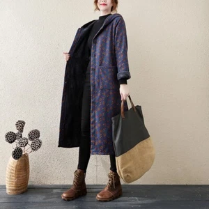 Japanese Women Fleece Lined Floral Jacket Thick Maxi Loose Plus Size Winter Coat - Picture 1 of 13