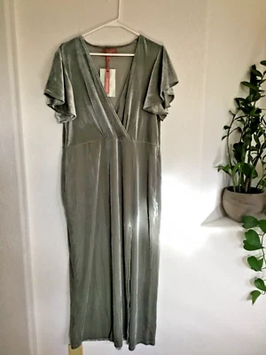 JessaKae Everly Dress Sage Green Velvet Maxi Split Front Flutter Sleeve, 1X - Image 1 of 4
