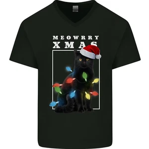 Meowy Christmas Tree Funny Cat Xmas Mens V-Neck Cotton T-Shirt - Picture 1 of 43