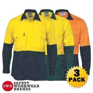 3 x DNC Workwear Mens Hi Vis 2 Tone Cotton Drill Shirt Work Orange Yellow 3832 - Picture 1 of 4