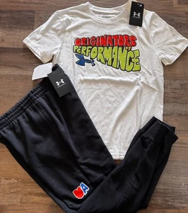 NWT Under Armour Boys YMD Black/White 2Pc Short Sleeve Sweat Pants Set Medium - Picture 1 of 3