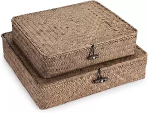 Set of 2 Flat Woven Wicker Storage Bins with Lid Natural Seagrass Basket Multipu - Picture 1 of 12