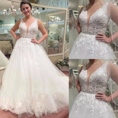 Classic Wedding Dresses V Neck Sleeveless Lace Applique Sweep Train Bridal Gowns - Image 1 of 4