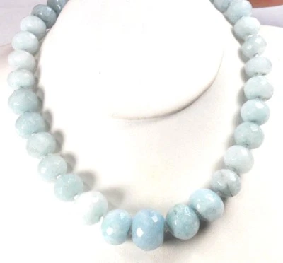 Natural Blue Aquamarine Faceted Beads Hand Knotted Sterling Silver Necklace 19" - Image 1 of 4
