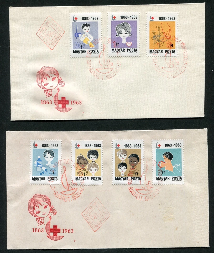 HUNGRÍA 1963 CRUZ ROJA CENTENARIO, Scott 1532-1538 en 2 F.D.C. 's Foto 1 de 1