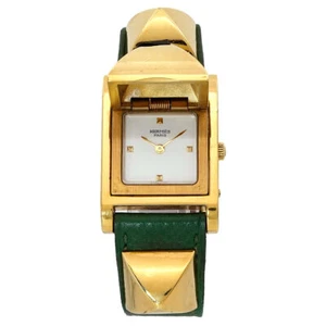 HERMES Medor Vintage pyramid Gold studs Quartz White Dial Ladies 90276236 - Picture 1 of 7