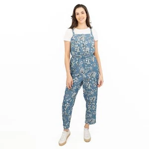 Womens Blue Dungarees Strappy Floral Crop Leg Stretch Waist Overall Cotton Blend - Picture 1 of 9