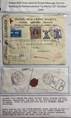 Cubierta de correo aéreo censurada de la Cruz Roja de Bombay India 1944 a Ginebra Suiza Foto 1 de 3