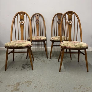 Set 4 sedie da pranzo con schienale Ercol Swan metà secolo, 4 sedie da pranzo in legno massello - Foto 1 di 15