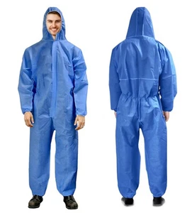 Blue Disposable Coveralls with Hood Large, Painters Suit, Elastic Cuffs & Ankles - Picture 1 of 9