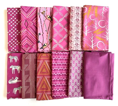 Lote de 12 piezas de tela de edredón Fat Quarter de AGF; impresiones fucsia, rosa, floral, abstractas Foto 1 de 4