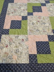 New Patchwork Quilt Handmade Floral Blue Green Pink Grey 49"x63" - Picture 1 of 6