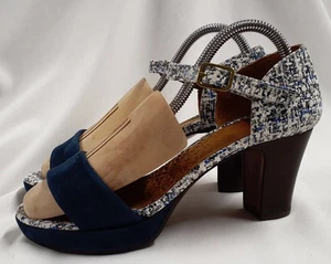 Leather Sandal Chie Mihara Blue White UK Size 4 Block Heel 8 Cm - Picture 1 of 8