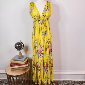 Fuzzi Gaultier Maxikleid gelb Blumen Gr. L Mesh Empire Taille Rüschen Cedro - Bild 1 von 14