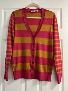 LOFT Damen V-Ausschnitt Strickjacke orange rosa kräftige Streifen Wollmischung geknöpft Gr. M - Bild 1 von 4