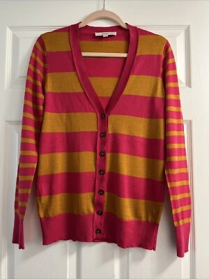 LOFT Women's V-Neck Cardigan Orange Pink Bold Stripe Wool Blend Buttoned Size M - Изображение 1 из 4