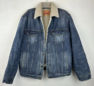 Levis Jean Jacket Men L Sherpa Denim Trucker Blue Western Chore Work Grunge Read - Picture 1 of 13