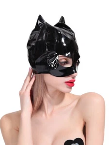 Sexy Patent Leather Mask Cat Ears Cosplay Game Half Face Cover Headgear Black✹ - Picture 1 of 16