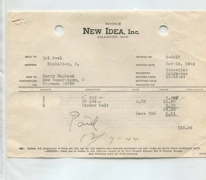Vintage Billhead NEW IDEA CO Coldwater OH 1944 to Kimbalton OH Harry England - Bild 1 von 1