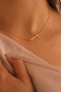 Dainty 14K Gold Cross Pendant Choker, Religious Icons Charm Necklace for Women - Picture 1 of 6