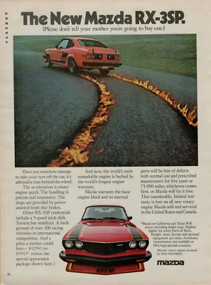 Mazda RX-3SP 1977 Flaming Burnout rayas rojas foto anuncio impreso original Foto 1 de 2