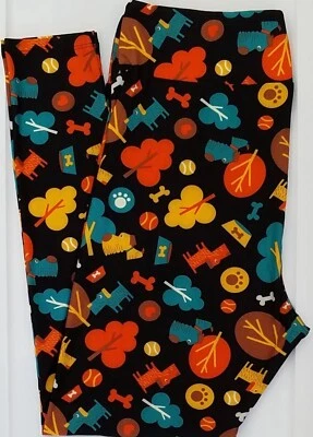 OS Lularoe Leggings Dog Bone Paw Bowl Ball Fall Tree on Black 260266 - Image 1 of 4