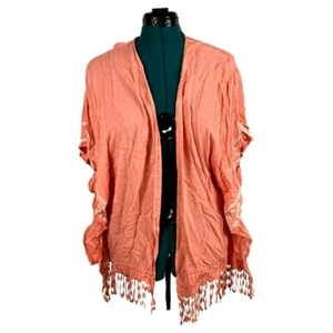 Self Esteem Coral Pink White Tribal Embroidered Fringe Poncho Shawl Wrap Size L - Picture 1 of 6