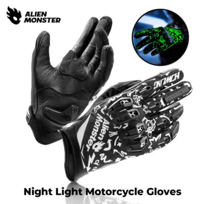 Alien Monster Night Light Motorcycle Gloves Cycling Riding Leather Touch Screen - Image 1 of 4