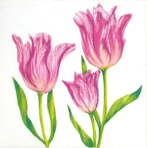T711# 3 servilletas de papel individuales para decoupage tres flores de tulipán rosa sobre blanco - Imagen 1 de 10