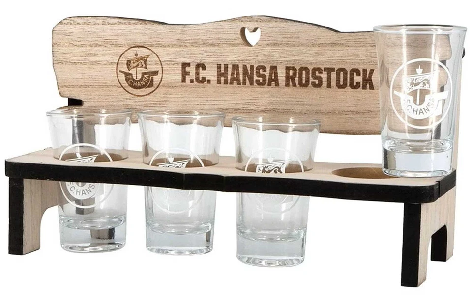 F.C. Hansa Rostock Schnapsbank mit 4 Schnapsgläsern Shot Glas FCH