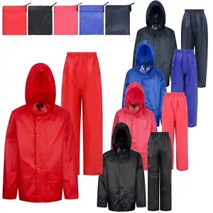 Childs Waterproof Suit Jacket + Trousers Rain Set Kids Childrens Boys Girls Hood - Picture 1 of 26