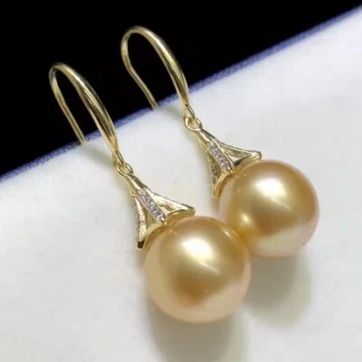 Pendientes de perlas amarillas redondas naturales del Mar del Sur 925 AAA 9-10 mm raros Foto 1 de 4