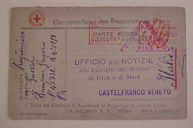 ITALY   POW RED CROSS 1917 TWO DIFF. CENSORS - Image 1 of 1