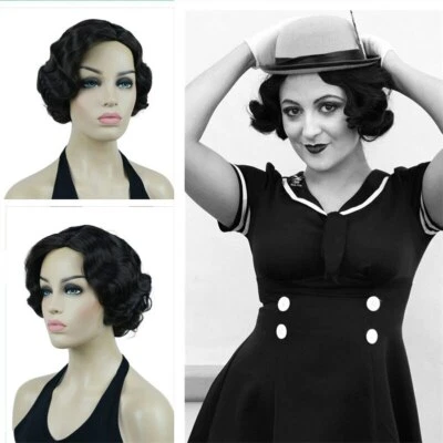 Finger Wave Wig Bob Short Curly Synthetic Hair Women 1920s Cosplay Party - Image 1 of 4