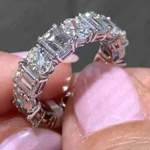 4.25 TCW Emerald & Oval Cut Moissanite Eternity Wedding Band Ring 9K White Gold - Picture 1 of 10