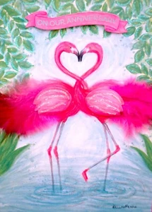 Papyrus Bella Pilar Feather Flamingos Collector Anniversary Greeting Card RARE - Picture 1 of 7