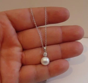 CIONDOLO COLLANA PERLA PENDENTE CON DIAMANTI CREATI IN LABORATORIO ARGENTO STERLING 925 - Foto 1 di 7