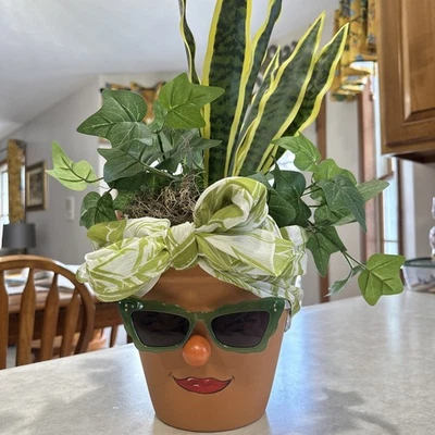 Terra Cotta Plant Lady 8inch Pot Hand Painted - Image 1 of 4