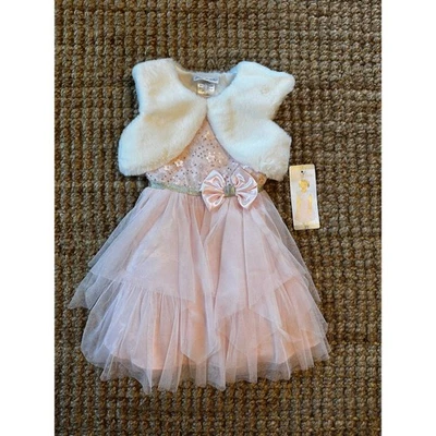 Vestido de tule rosa brilhante Jona Michelle meninas 3T pele sintética conjunto de encolher de ombros festa formal - Imagem 1 de 4