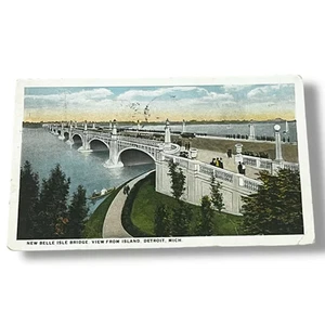 Postkarte New Belle Isle Bridge Blick von der Insel Detroit Michigan um 1925 D300 - Bild 1 von 2