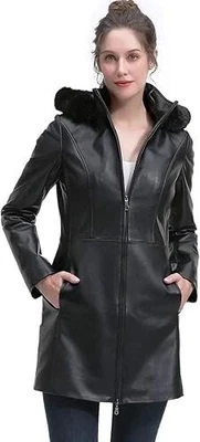 Parka de cuero genuino de piel de cordero para mujer Abrigo largo Estilo motociclista Chaqueta con capucha XS-3X Foto 1 de 4