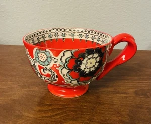 Anthropologie Elka Ayaka Red Floral Footed Coffee Mug Tea Cup Twisted Handle - Picture 1 of 9